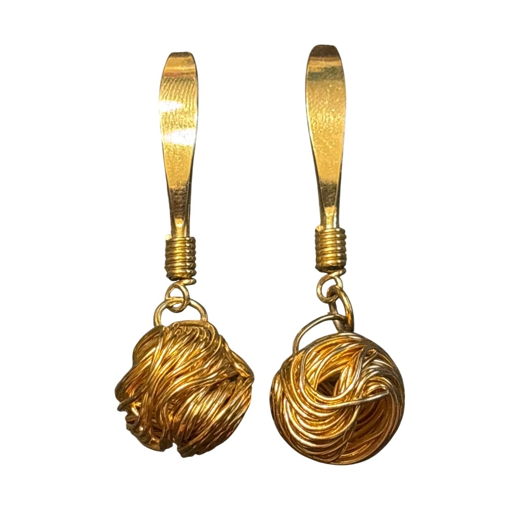 Vtg Gold Tone Wire Wrapped Ball Dangle Drop Earrings Classic‎ Statement Jewelry